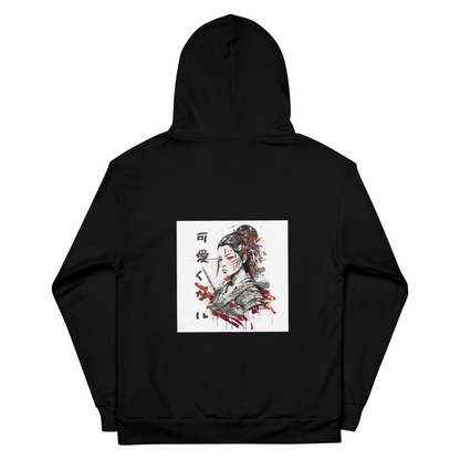 Product image of KAWAIKUNAI black samurai hoodie back. Shows image of female samurai and Japanese writing of KAWAIKUANI. 